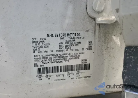 2022 Ford Explorer Xlt z USA, uszkodzony, nr VIN 1FMSK7DH8NGB27875